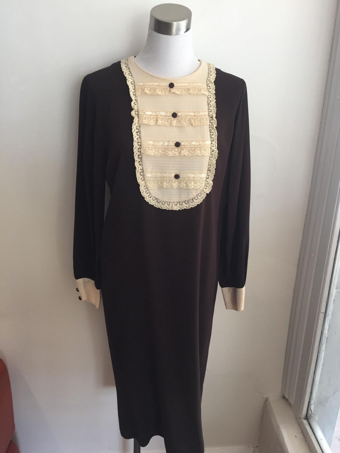 Prue Acton 1970s Brown and Cream Lace Front Dress | Chaos Bazaar Vintage