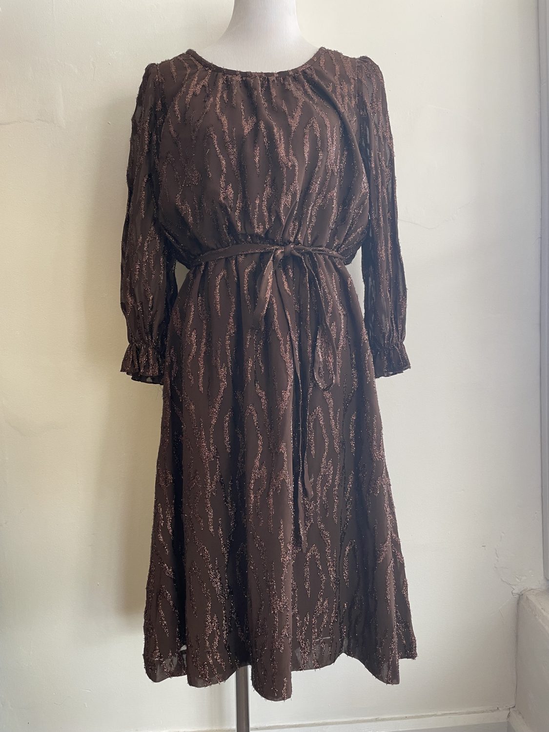 AUTHENTIC 80's BROWN LUREX DRESS WITH TIE BELT | Chaos Bazaar Vintage