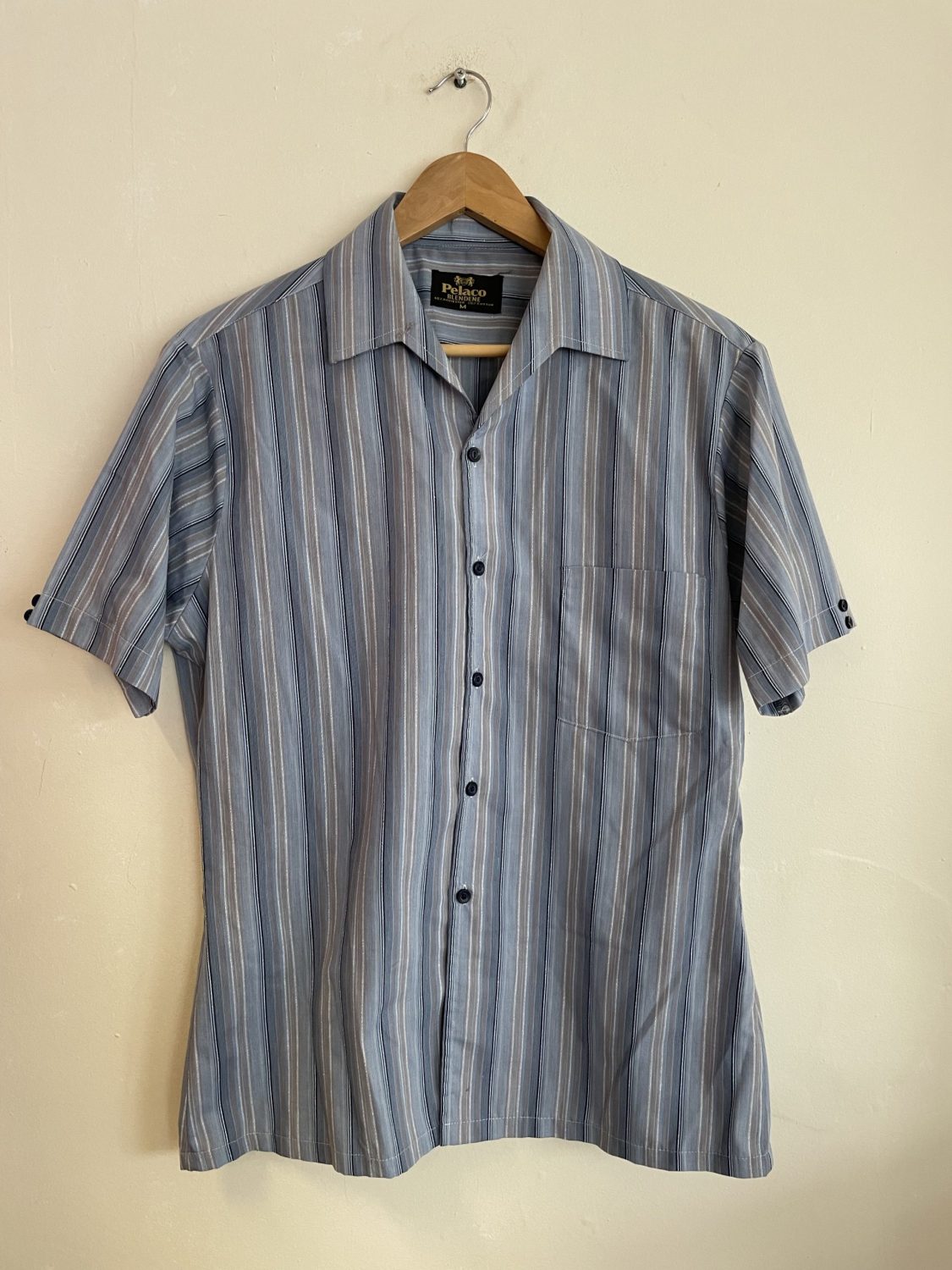 70's 'PELACO' SHADES OF BLUE/TAUPE STRIPED S/S SHIRT | Chaos Bazaar Vintage