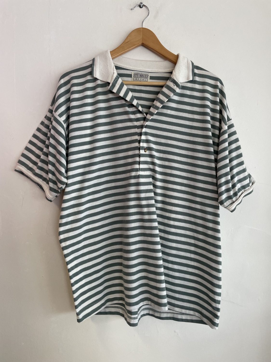 80's 'STUBBIES' SAGE GREEN/CREAM STRIPED TOP | Chaos Bazaar Vintage