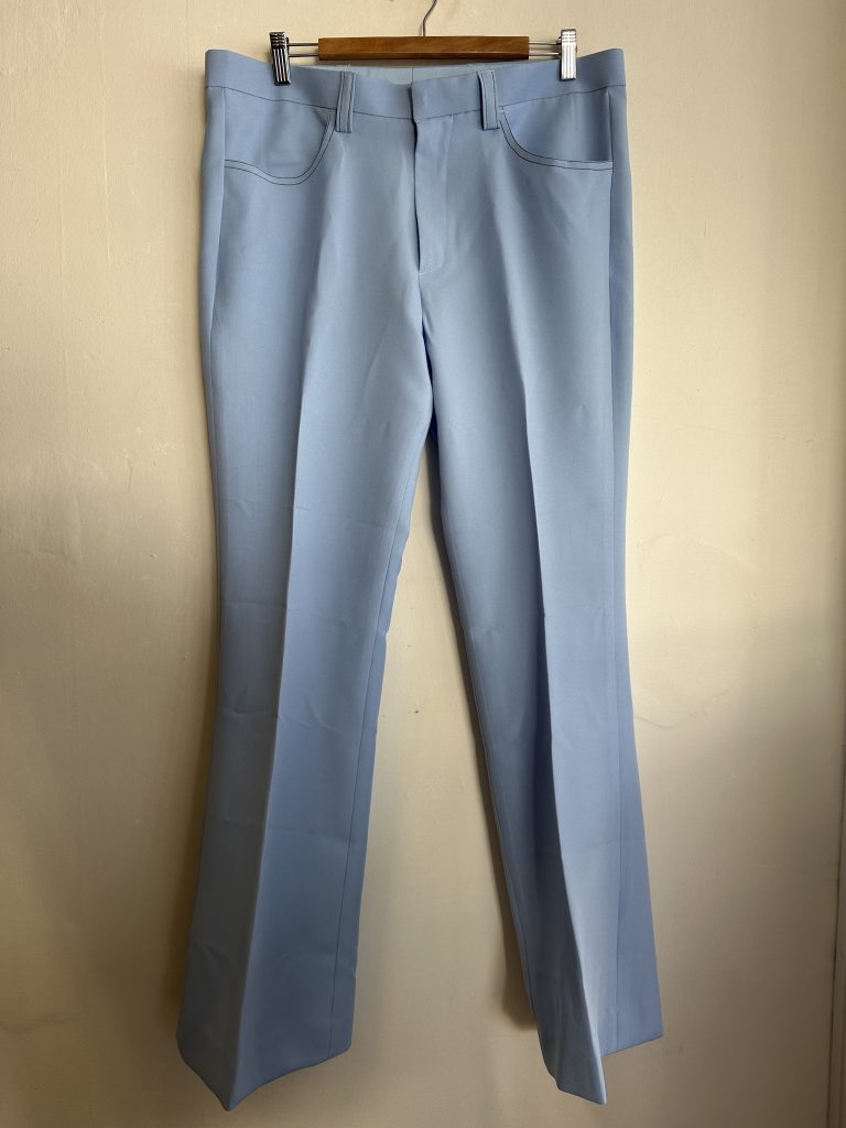 70S INSPIRED MENS BABY BLUE 38 INCH FLARED PANTS | Chaos Bazaar Vintage